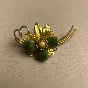 Gold and Green Botanical Brooch with Faux Jade Stones